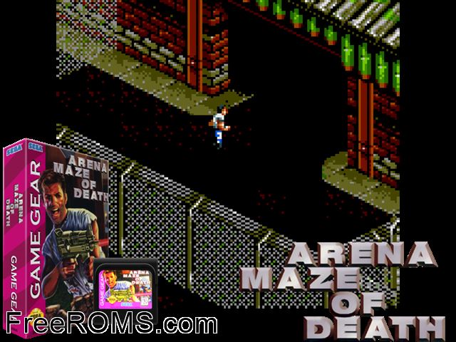 Arena - Maze of Death Game Gear game showing 3D box cover and gameplay screenshot